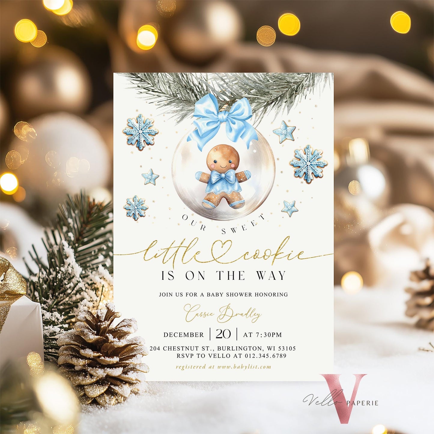 Winter Little Cookie on the way Shower Invite | Boy Gingerbread Baby Shower Invitation | Blue Gold Gingerbread on Christmas Bauble CWBS01