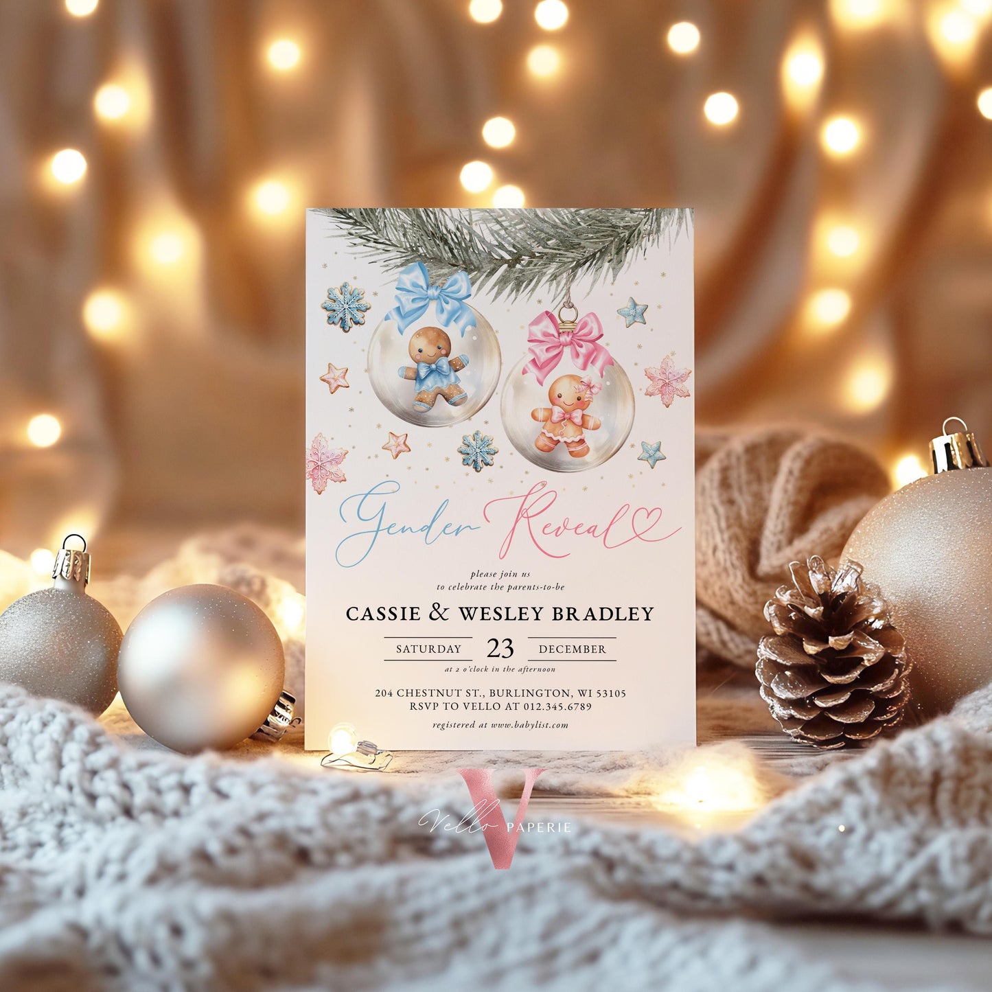 Gender Reveal Gingerbread Baby Shower Invitation | Winter Boy Girl Cookie Baby Invite | Pink Blue Gold Gingerbread Christmas Baubles CWBS01