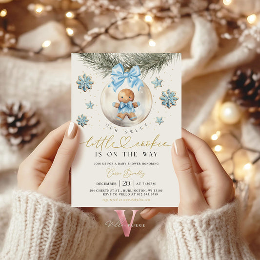 Winter Little Cookie on the way Shower Invite | Boy Gingerbread Baby Shower Invitation | Blue Gold Gingerbread on Christmas Bauble CWBS01