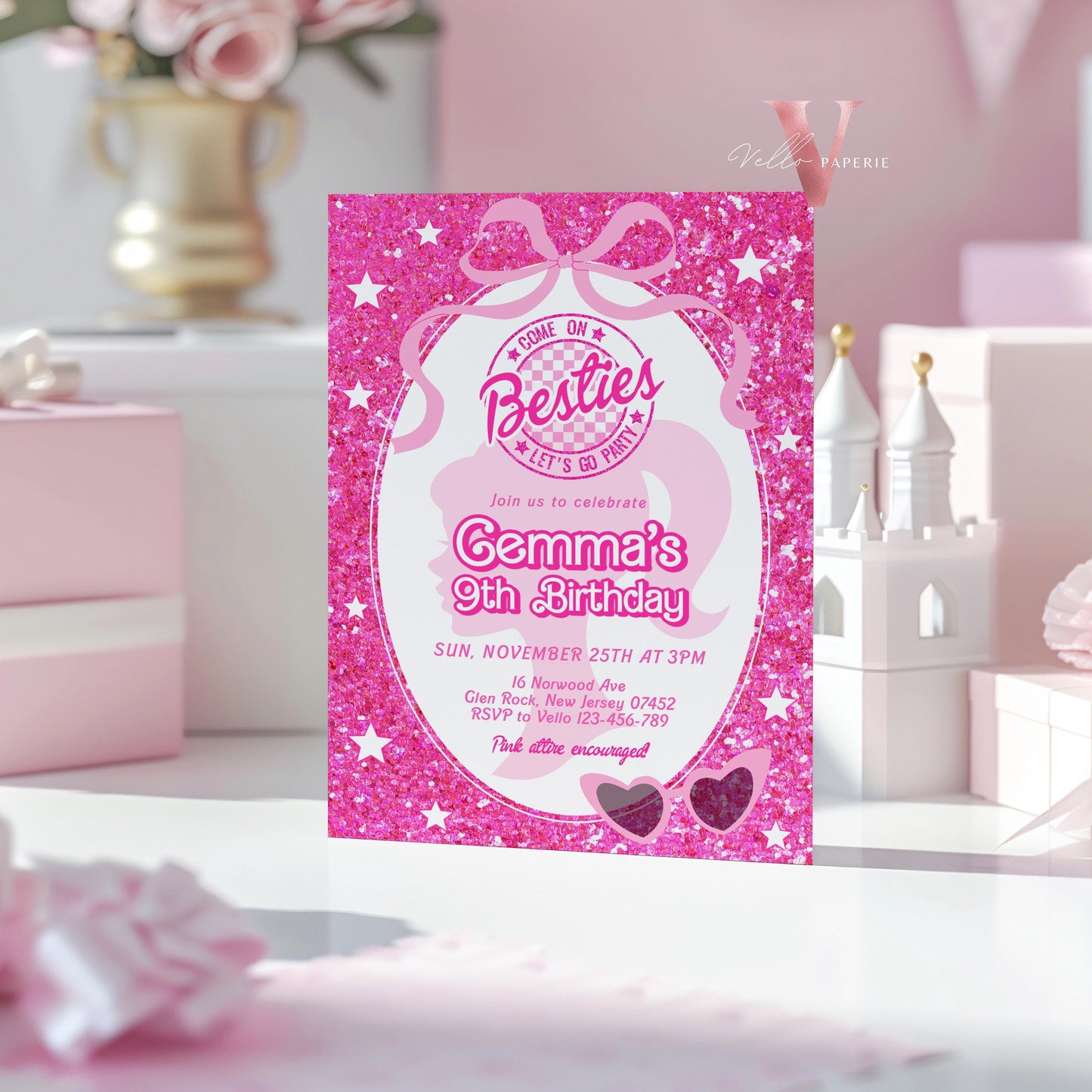 Editable Fashion Pink Doll Sparkle Birthday Invitation | Pink Doll Glitter | Any Age Pink Princess Silhoutte Party Invite Instant Template