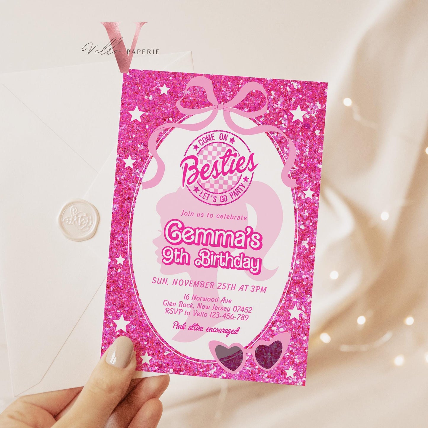 Editable Fashion Pink Doll Sparkle Birthday Invitation | Pink Doll Glitter | Any Age Pink Princess Silhoutte Party Invite Instant Template