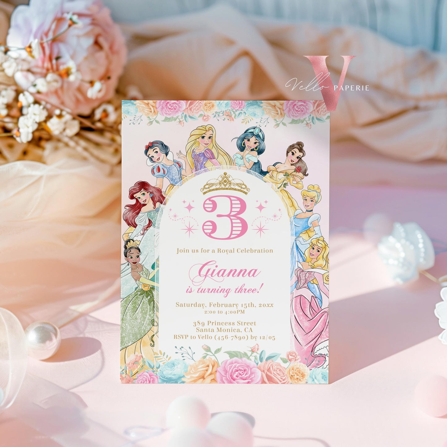 Editable Printable Once Upon a Time Birthday Party Invitation | ANY AGE Watercolor Princess Invite | Rose Gold Pink Princess Party PB02