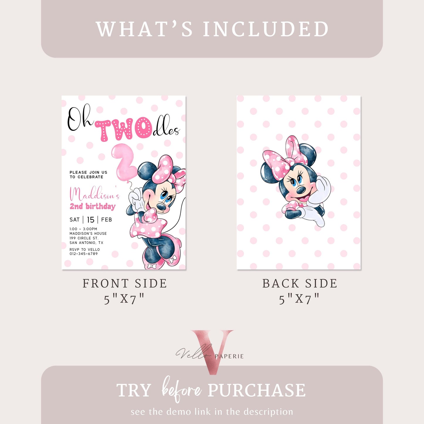 2nd Birthday, Oh TWOdles Minnie Mouse Birthday Invitation | Light Pink Polka Dot Invite 2year old Girl | Second Birthday  MMB04