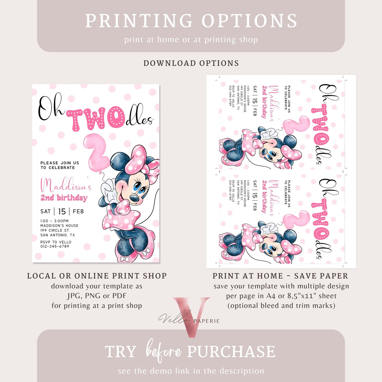 2nd Birthday, Oh TWOdles Minnie Mouse Birthday Invitation | Light Pink Polka Dot Invite 2year old Girl | Second Birthday  MMB04