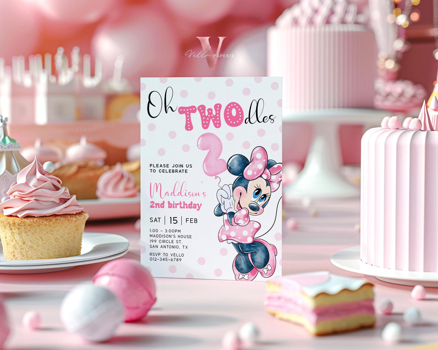 2nd Birthday, Oh TWOdles Minnie Mouse Birthday Invitation | Light Pink Polka Dot Invite 2year old Girl | Second Birthday  MMB04