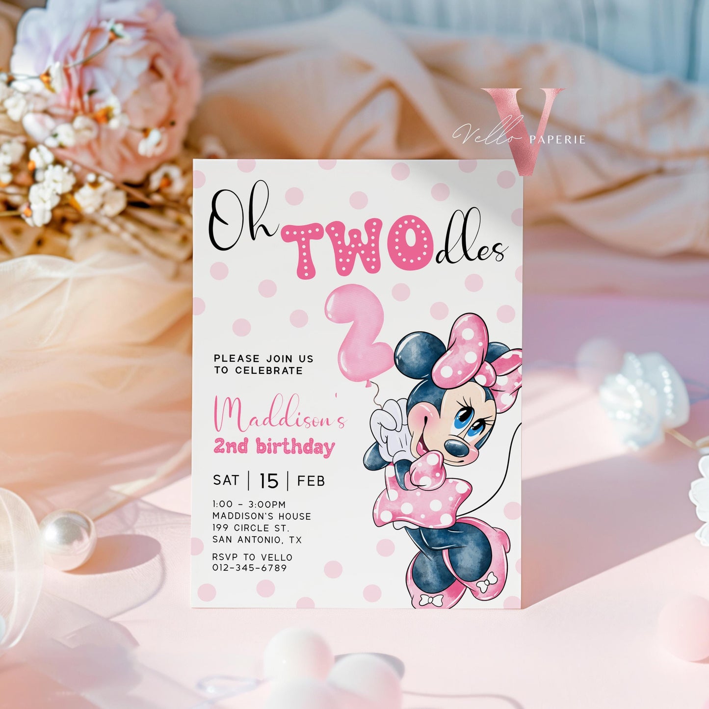 2nd Birthday, Oh TWOdles Minnie Mouse Birthday Invitation | Light Pink Polka Dot Invite 2year old Girl | Second Birthday  MMB04