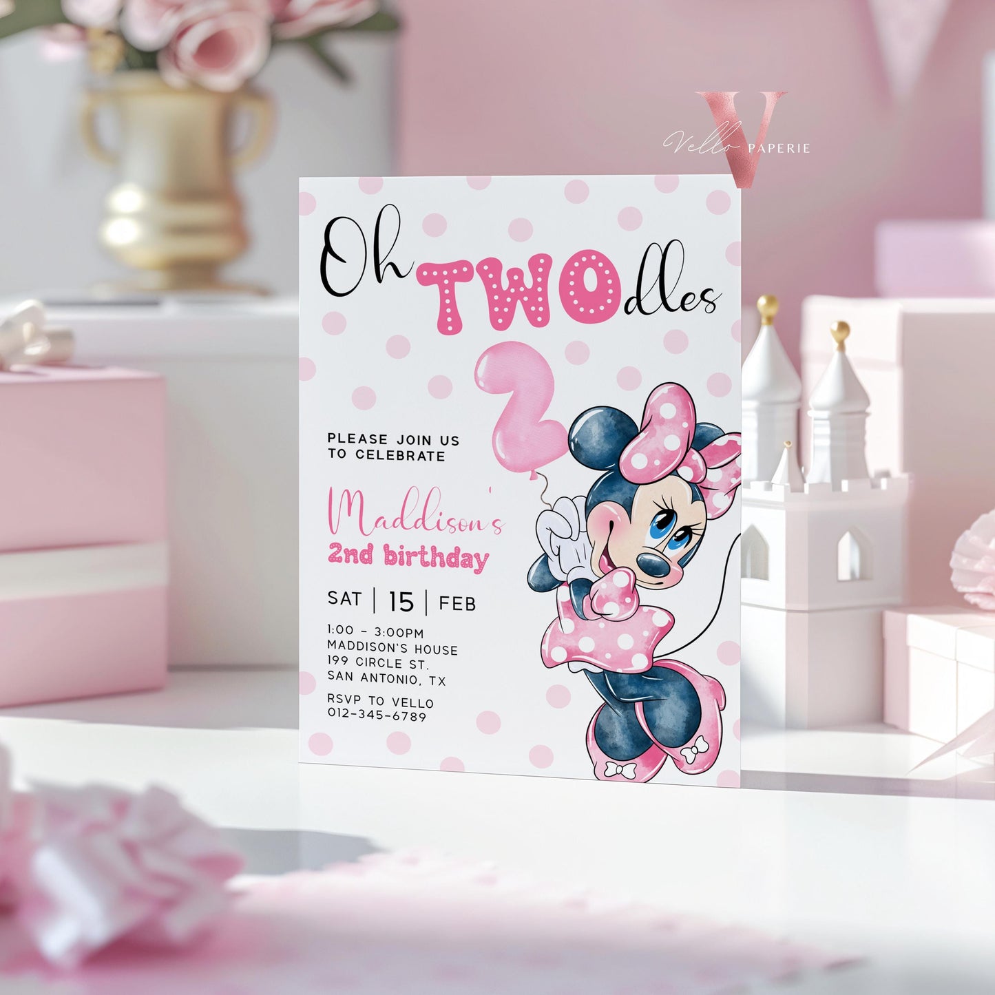 2nd Birthday, Oh TWOdles Minnie Mouse Birthday Invitation | Light Pink Polka Dot Invite 2year old Girl | Second Birthday  MMB04