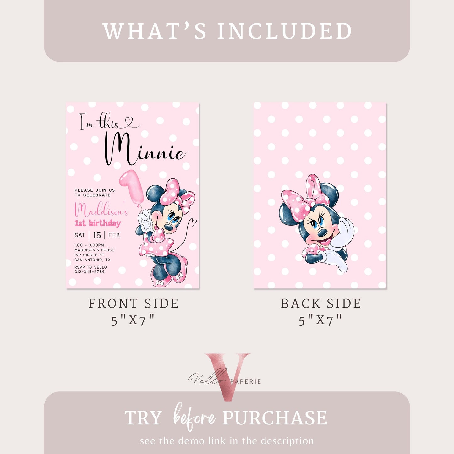 First Birthday Minnie Mouse Invitation | Modern Light Pink Polkadot 1st Minnie Invite | 1st Girl Birthday Party Instant Template