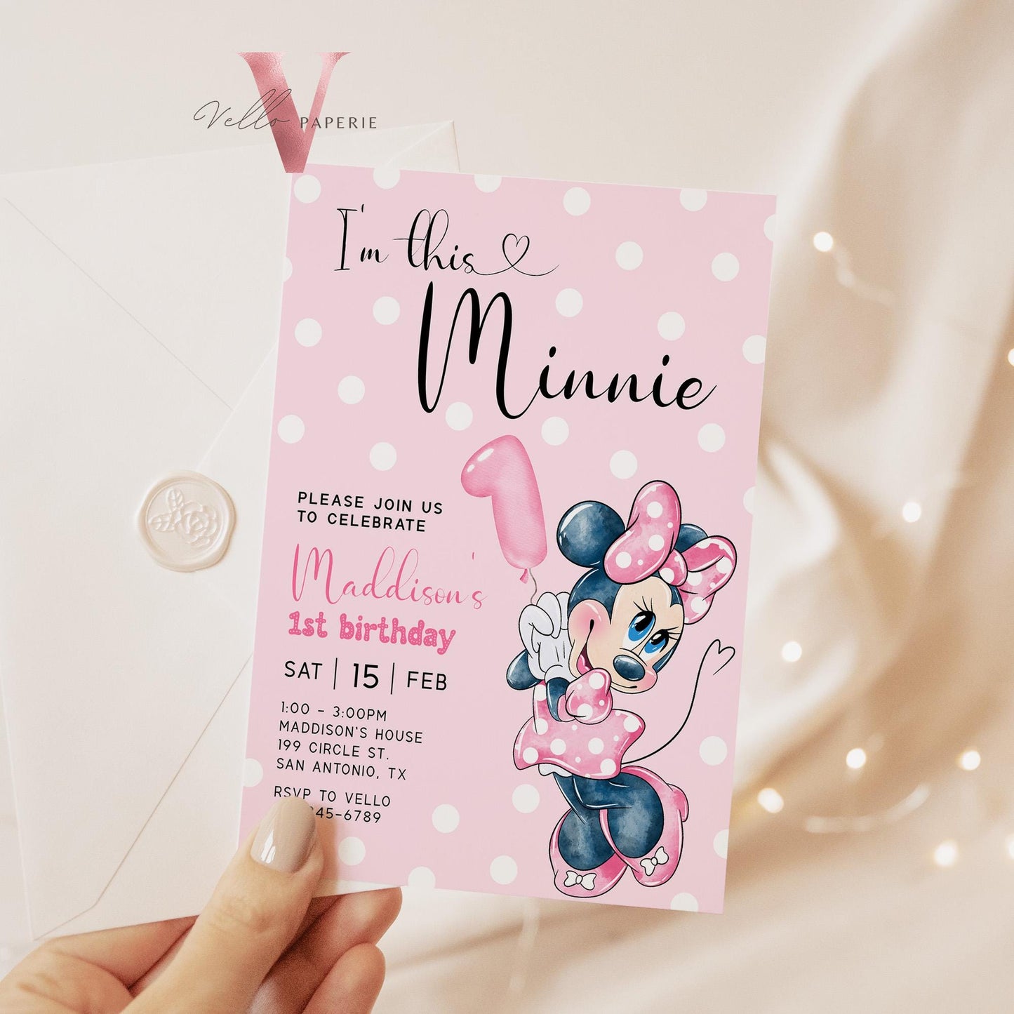 First Birthday Minnie Mouse Invitation | Modern Light Pink Polkadot 1st Minnie Invite | 1st Girl Birthday Party Instant Template