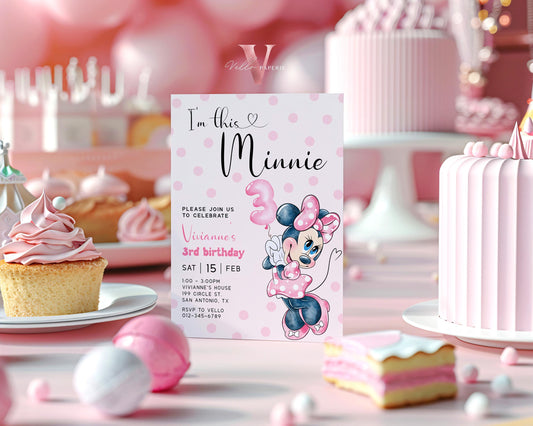 Third Birthday Minnie Mouse Invitation | Modern Light Pink Polkadot 3rd Minnie Birthday Invite | 3rd Girl Birthday Party Instant Template