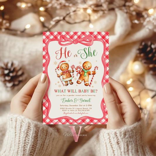 He or She Gingerbread Baby Shower Invitation | Winter Gender Reveal Cookie Baby Invite | Red Green Gingerbread Christmas Gingham CWBS01