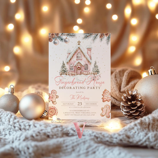 Editable Gingerbread House Decorating Party Invite | Fun Holiday Baking Party Invitation | Rosegold Pink Sparkle Christmas Celebration