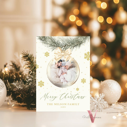 Printable 2Side Modern Photo Christmas Card Template | Neutral Beige Gold Photo Holiday Card | Botanical Christmas Bauble Winter Photo PCC12