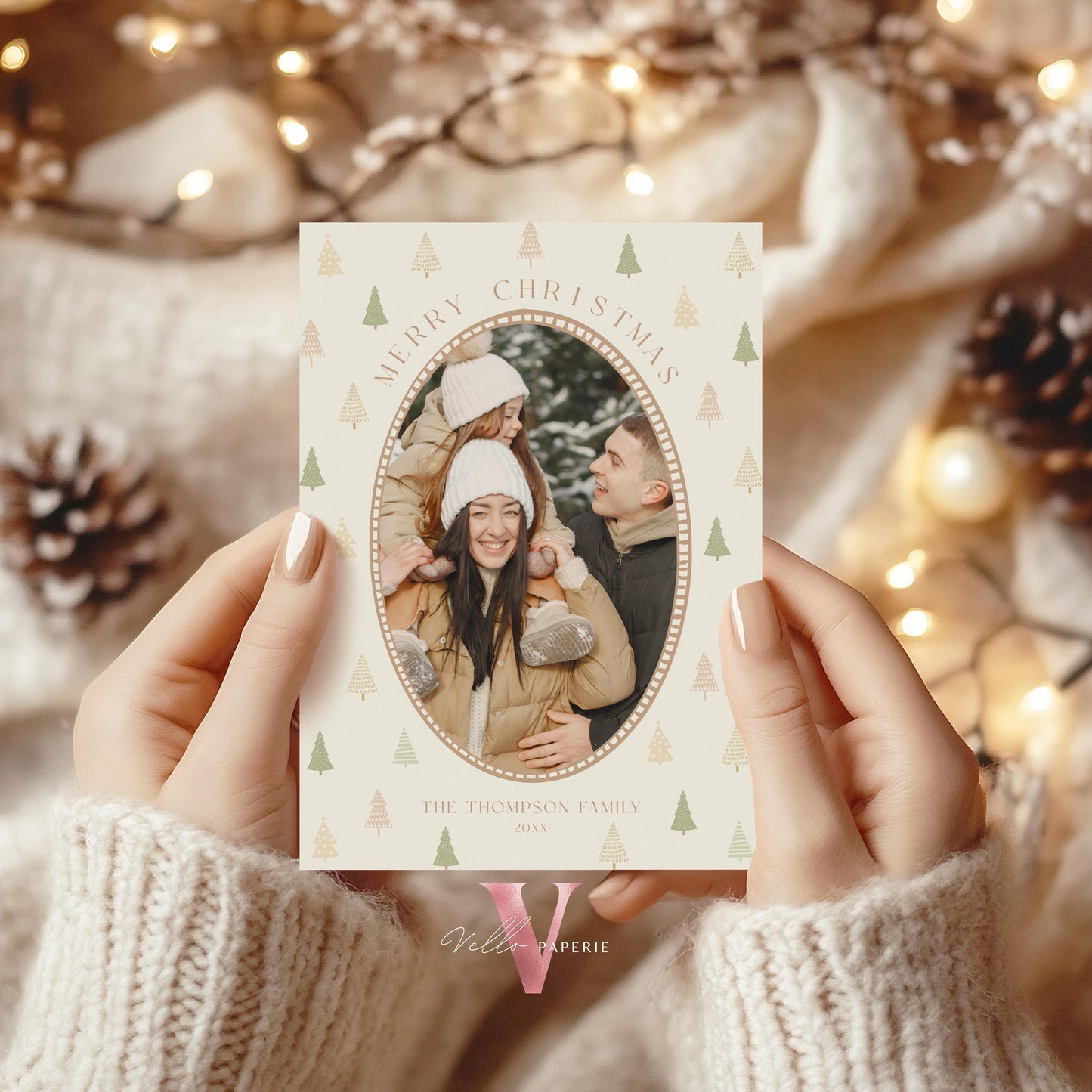 Printable Boho Photo Christmas Card Template | Modern Bohemian Winter Photo Holiday Card | Oval Photo Frame Christmas Tree Greeting PCC12