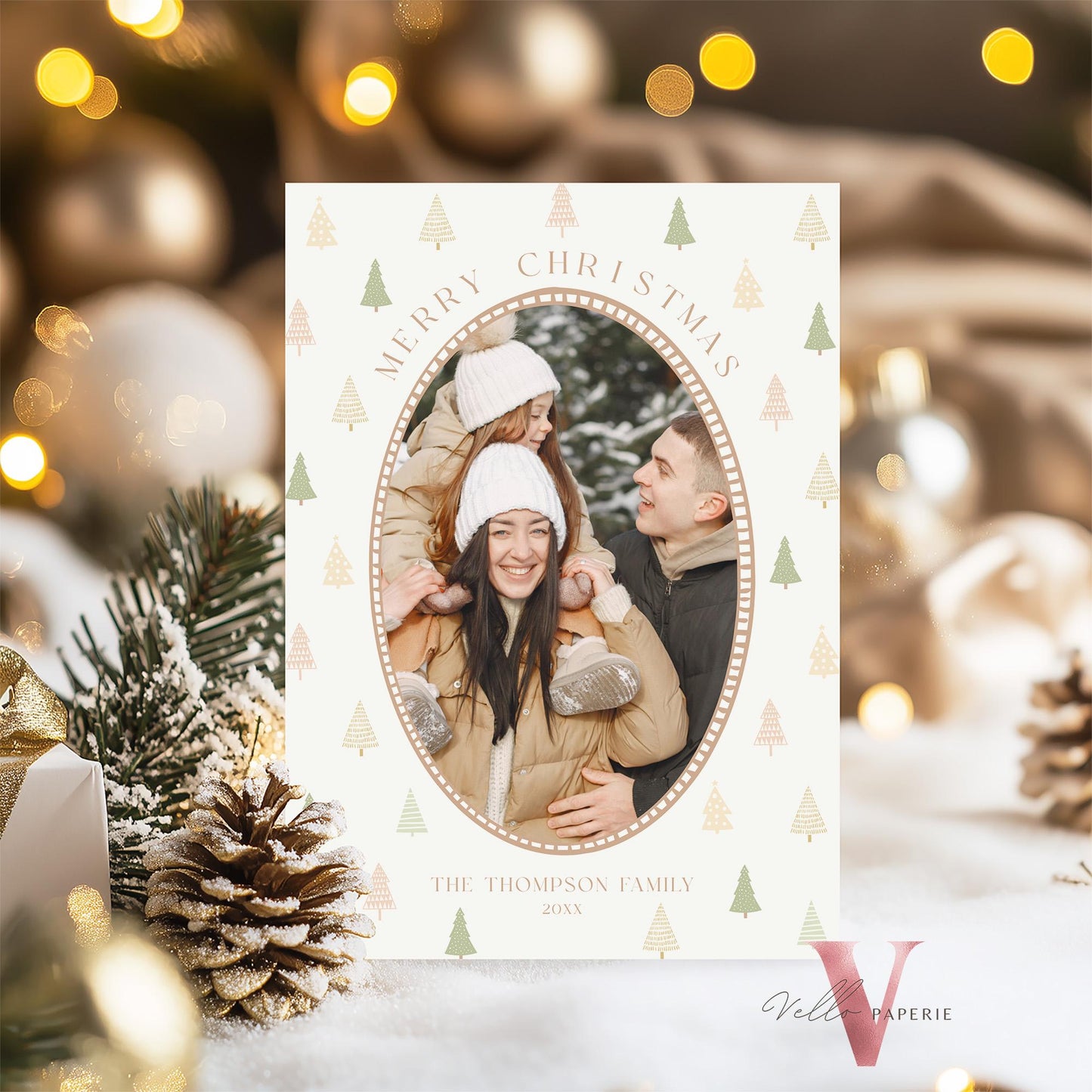 Printable Boho Photo Christmas Card Template | Modern Bohemian Winter Photo Holiday Card | Oval Photo Frame Christmas Tree Greeting PCC12