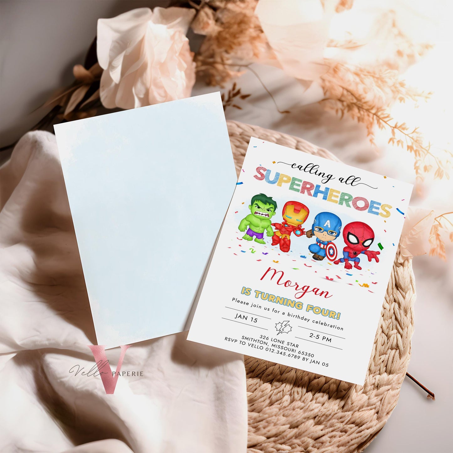 Calling All Superheroes Birthday Invitation | Watercolor Avengers Kids Colorful Birthday Party Invite | Any Age Cute Chibi Superhero SHB01