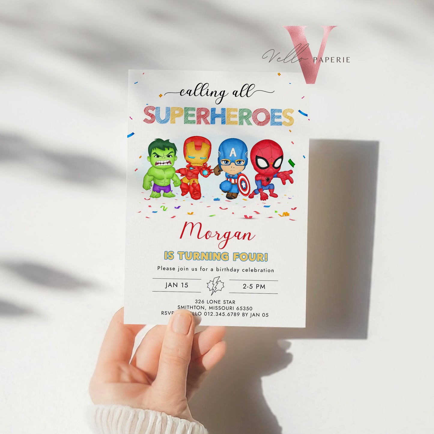 Calling All Superheroes Birthday Invitation | Watercolor Avengers Kids Colorful Birthday Party Invite | Any Age Cute Chibi Superhero SHB01