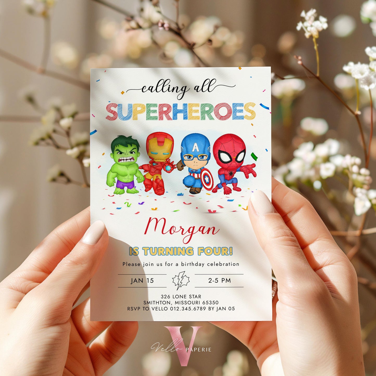 Calling All Superheroes Birthday Invitation | Watercolor Avengers Kids Colorful Birthday Party Invite | Any Age Cute Chibi Superhero SHB01