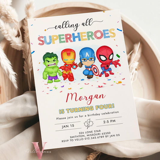 Calling All Superheroes Birthday Invitation | Watercolor Avengers Kids Colorful Birthday Party Invite | Any Age Cute Chibi Superhero SHB01