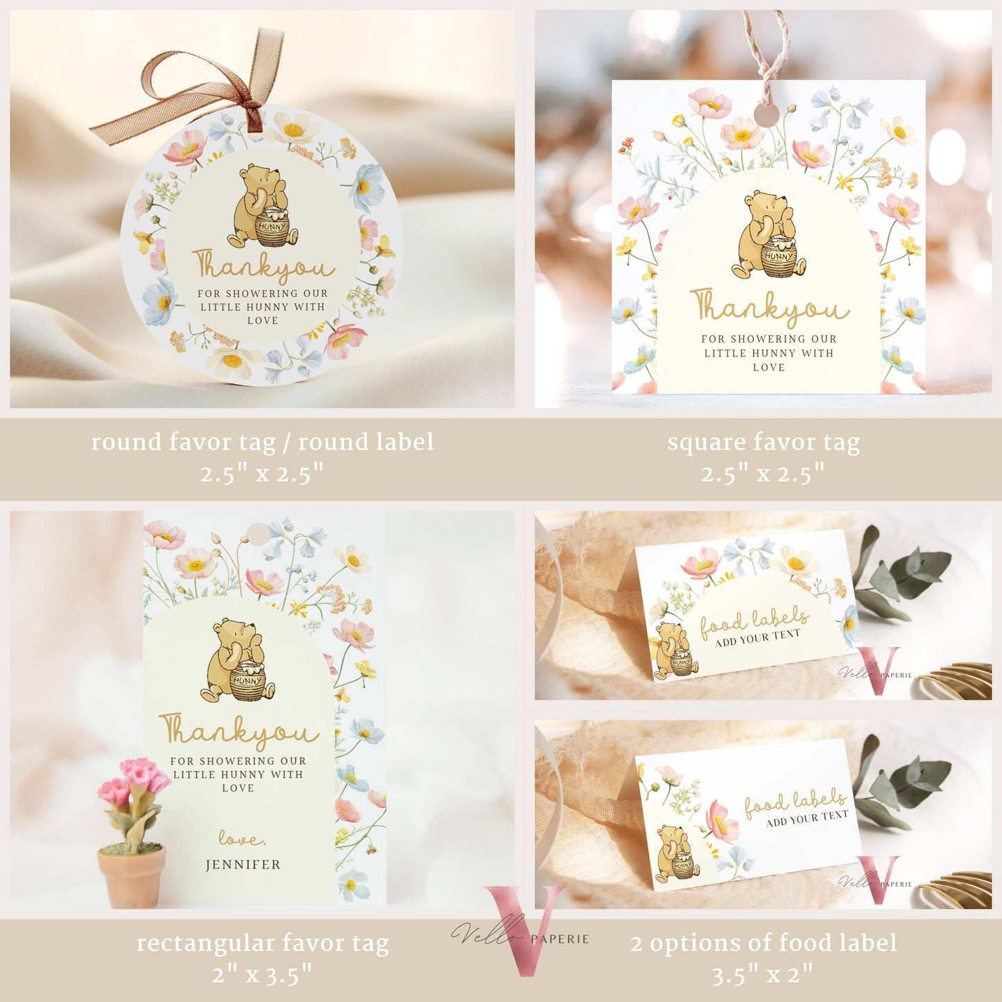 Beige Winnie the Pooh Baby Shower BUNDLE | Full Editable Neutral Wildflower, Little Hunny Pooh Baby Shower Party SET, Favors Decor WTP04