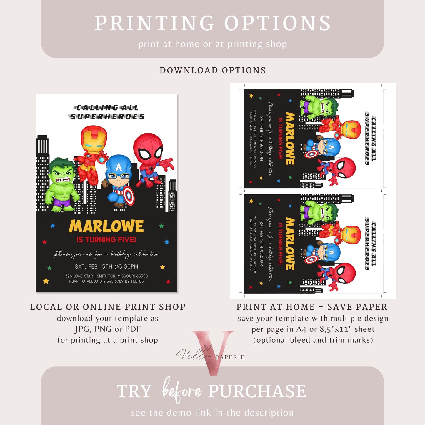 Calling All Superheroes Birthday Invitation | Watercolor Avengers Kids Colorful Birthday Party Invite | Any Age Cute Chibi Superhero SHB01