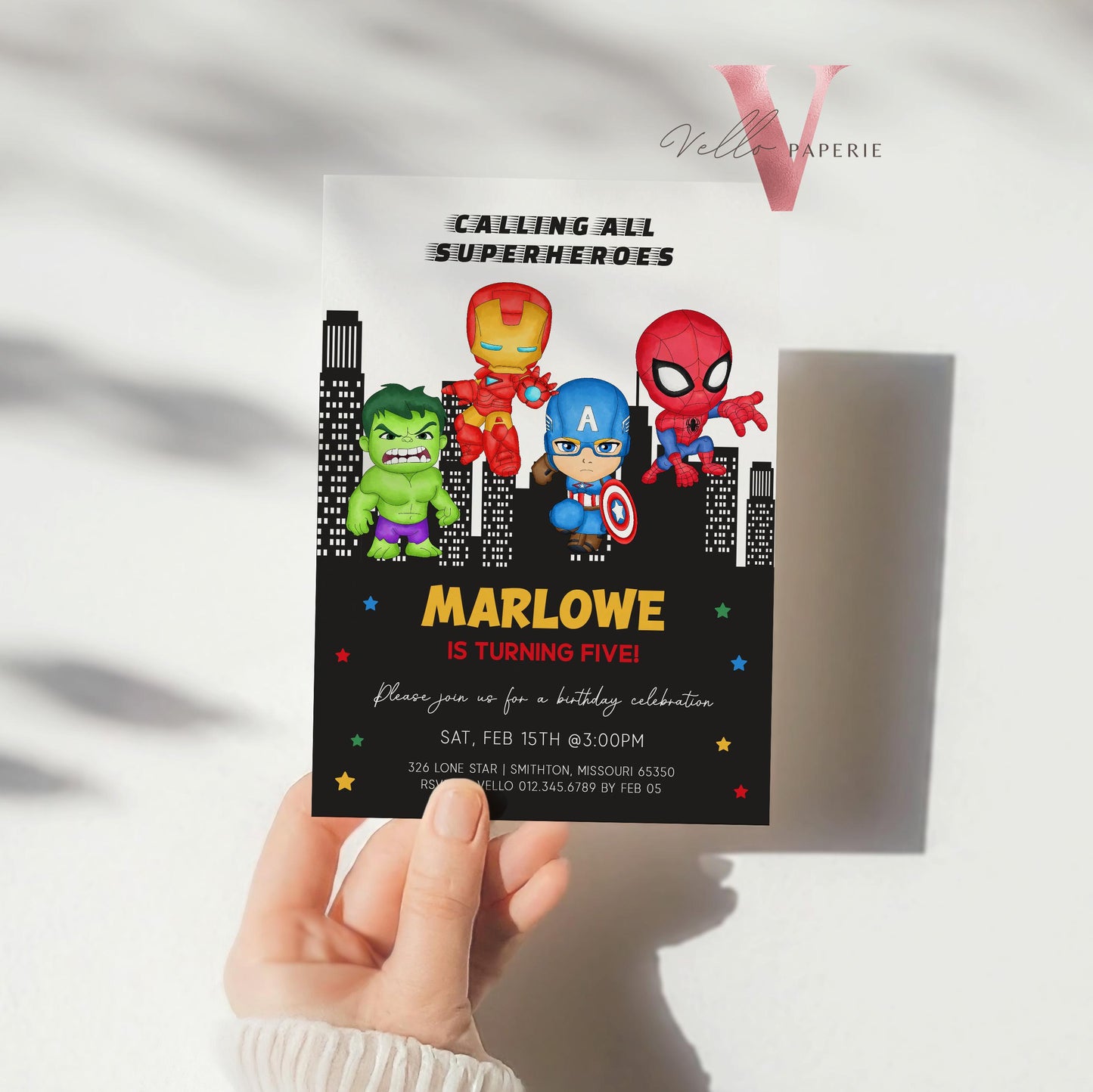 Calling All Superheroes Birthday Invitation | Watercolor Avengers Kids Colorful Birthday Party Invite | Any Age Cute Chibi Superhero SHB01