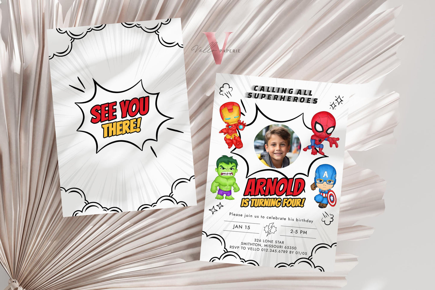 Calling All Superheroes PHOTO Birthday Invitation | Watercolor Avengers Kids Birthday Party Invite | Any Age Cute Chibi Superhero SHB01