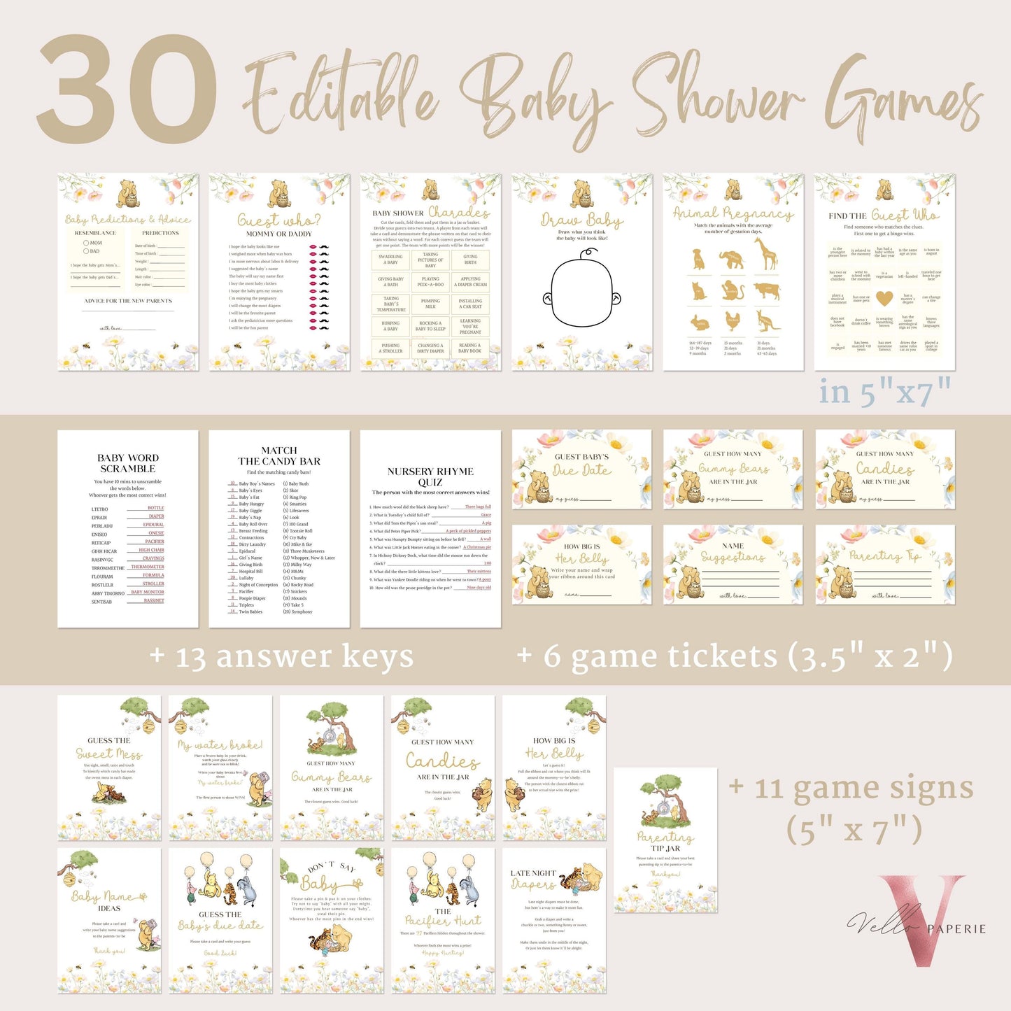 Editable 60Pages Winnie the Pooh Baby Shower Games & Activities Bundle, Ticket Sign | Printable Beige Floral Pooh Baby Shower Set WTP04