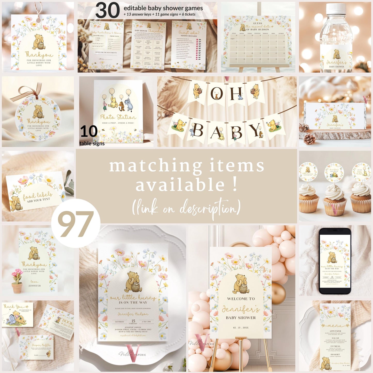 Editable 60Pages Winnie the Pooh Baby Shower Games & Activities Bundle, Ticket Sign | Printable Beige Floral Pooh Baby Shower Set WTP04