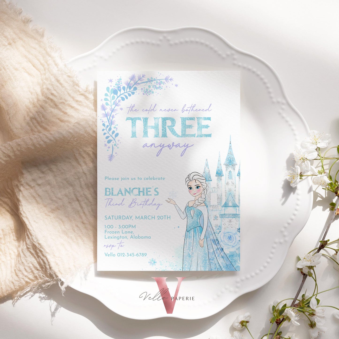 The Cold Never Bothered THREE Anyway Elsa Birthday Invite | Winter Snow Frozen Invitation | Editable Printable FROZEN 3rd Birthday FBP02