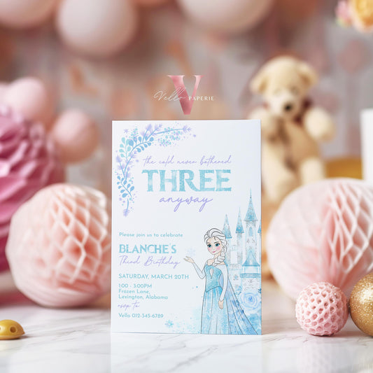 The Cold Never Bothered THREE Anyway Elsa Birthday Invite | Winter Snow Frozen Invitation | Editable Printable FROZEN 3rd Birthday FBP02