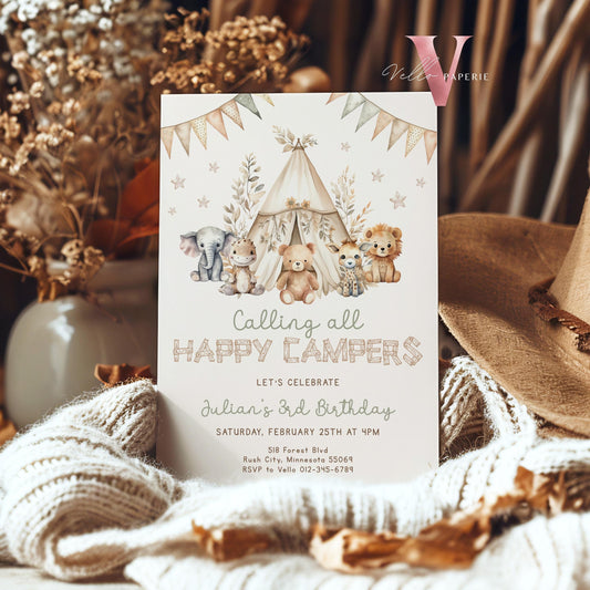 Calling All Happy Campers Invitation | BOHO Camping Birthday Invite | Adventure Forest Camp Birthday InvitR | Camper Backyard Bonfire Party