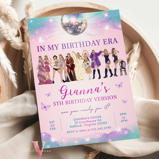 Editable TS Music Tour Birthday Party Invitation | In My Birthday Era Invitation | Teen Era Party | Swiftie Pink Purple Blue Era Party TSP02