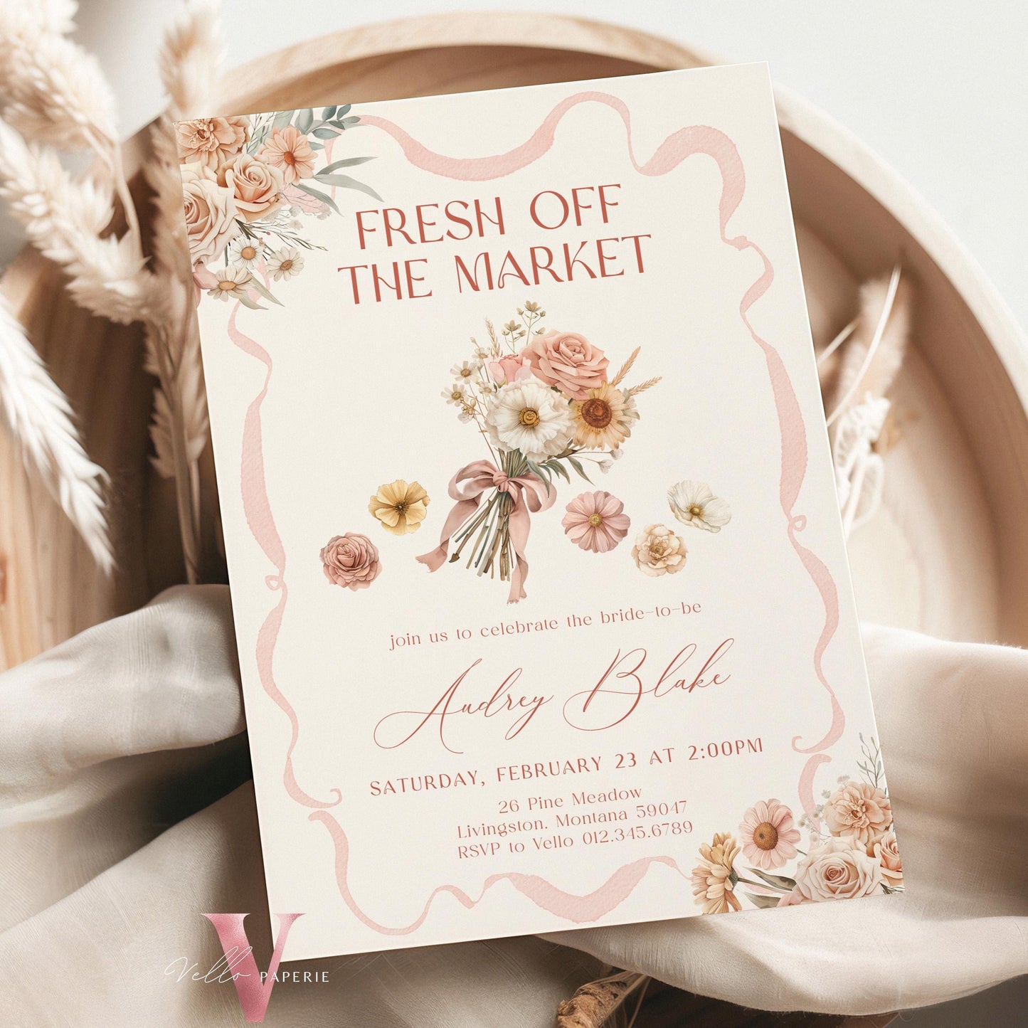 Beige Blush Pink Off the Market Bridal Shower Party Invitation | She's off the Market Invite | Bow Flower Florist Cart Watercolor Instant