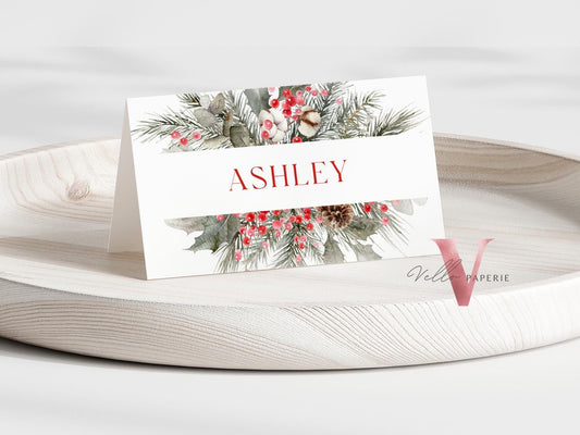 Editable Modern Christmas Floral Place Card, Food Label | Holiday Party Name, Seating Card | Watercolor Christmas Tent Card RCPF1