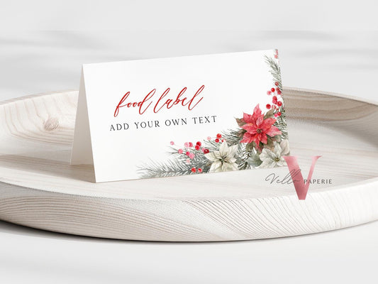 Editable Modern Christmas Floral Place Card, Food Label | Holiday Party Name, Seating Card | Watercolor Christmas Tent Card RCPF1