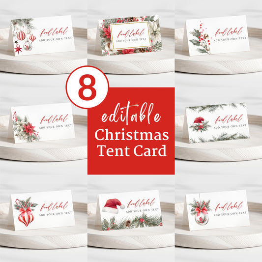 Editable 8 designs Modern Christmas Floral Place Card, Food Label | Holiday Party Name, Seating Card | Watercolor Christmas Tent Card RCPF1