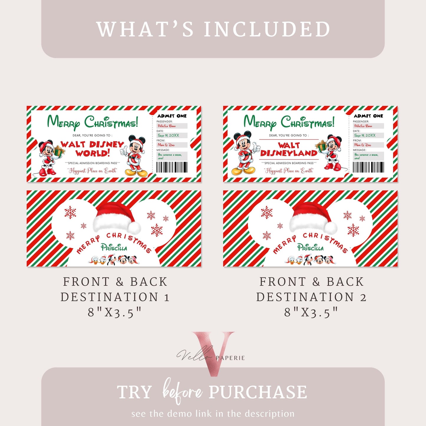 Editable Printable Christmas Disneyworld / Disneyland Ticket | Theme Park Surprise Reveal Ticket | Disney Trip Ticket, Christmas Gift DST12