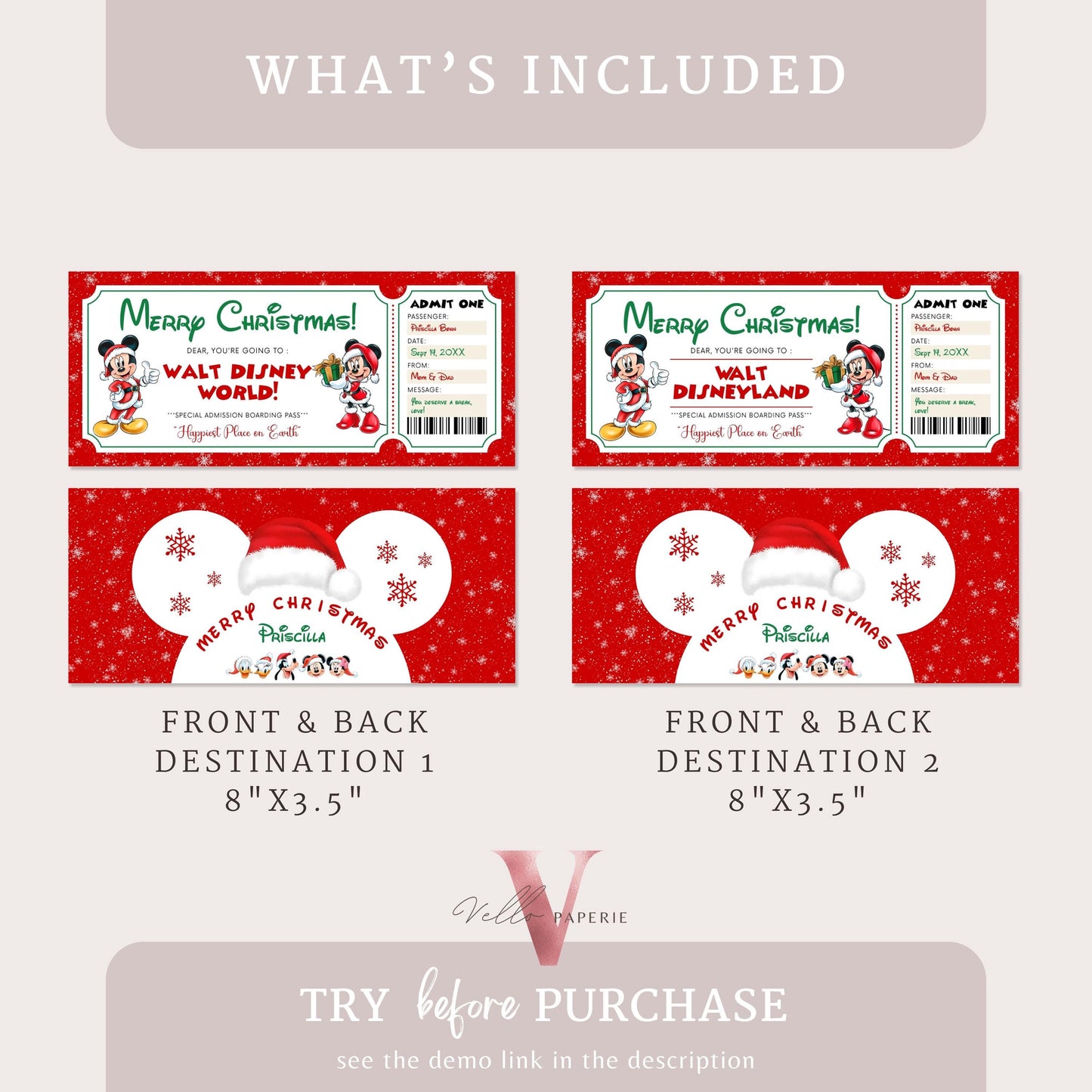 Editable Printable Christmas Disneyworld / Disneyland Ticket | Theme Park Surprise Reveal Ticket | Disney Trip Ticket, Christmas Gift DST12