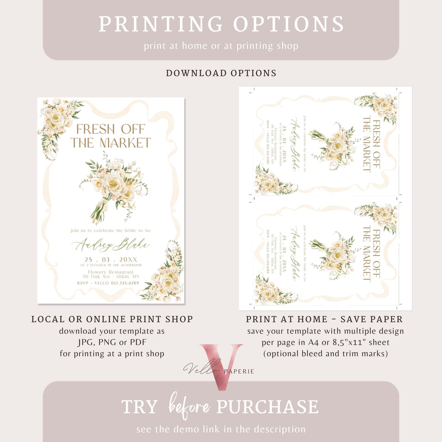 Beige Floral Off the Market Bridal Shower Party Invitation | She's off the Market Invite | Bow Flower Handbouquet Watercolor Instant