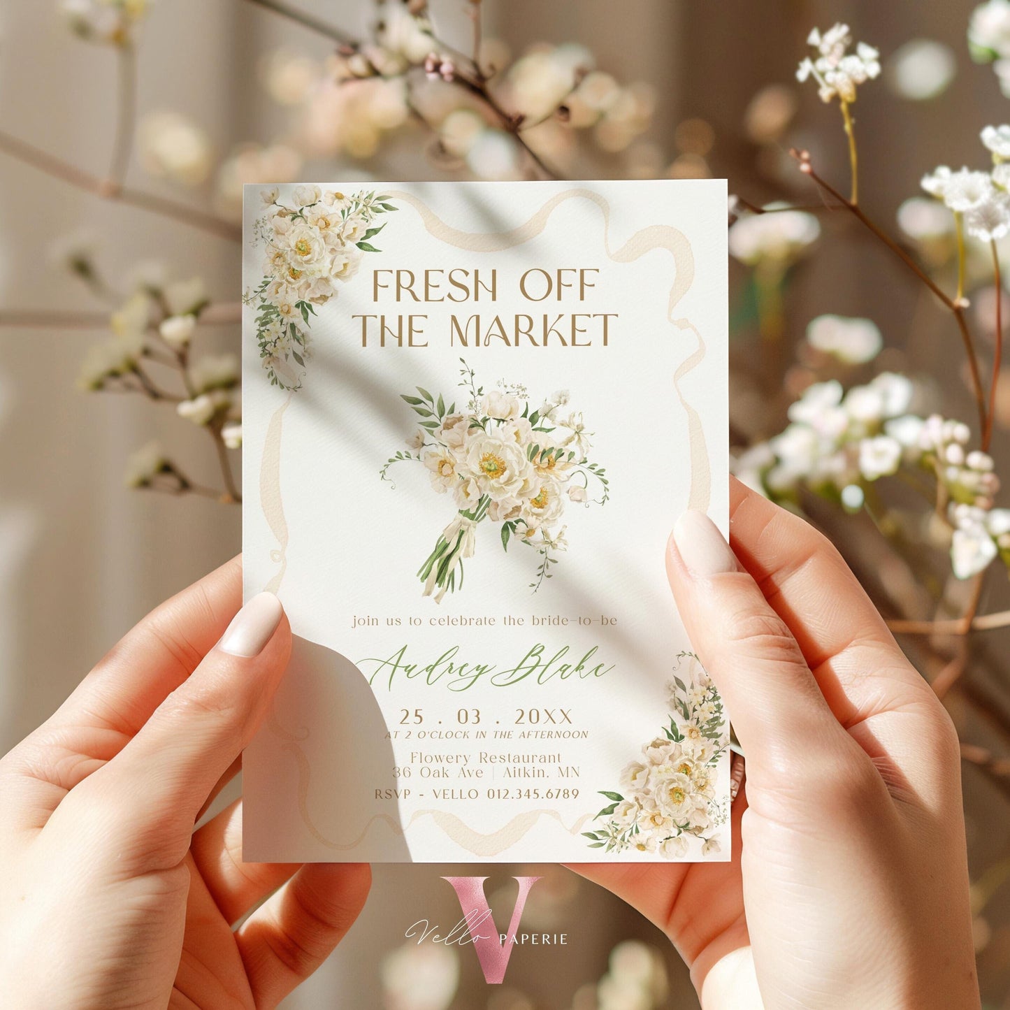 Beige Floral Off the Market Bridal Shower Party Invitation | She's off the Market Invite | Bow Flower Handbouquet Watercolor Instant