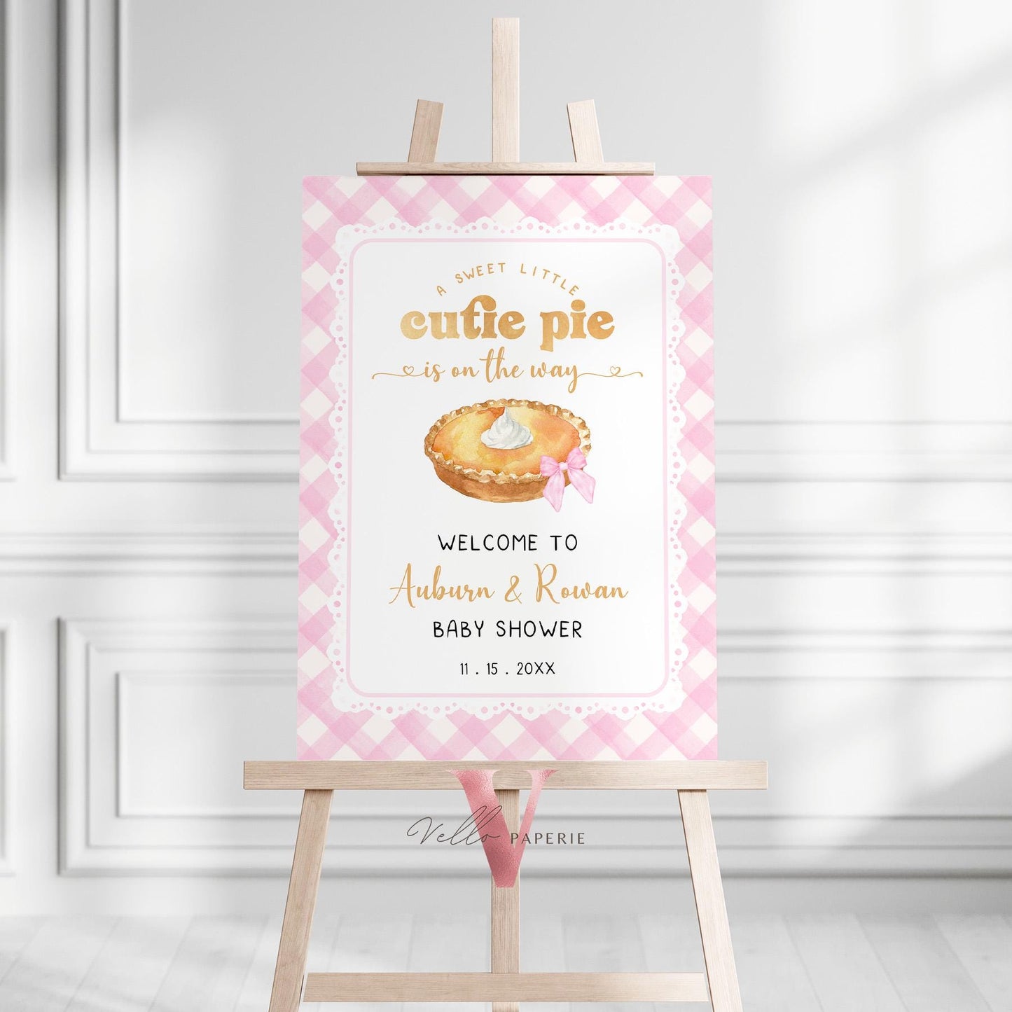 Sweet Cutie Pie Baby Shower Welcome Sign | Pink Gingham Cutie Pie Baby Shower Decor Sign | Pink Gingham Gender Neutral Pie Party Sign CPB03