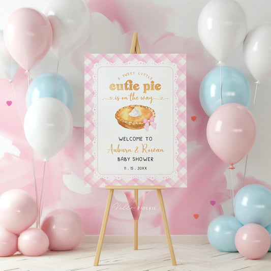 Sweet Cutie Pie Baby Shower Welcome Sign | Pink Gingham Cutie Pie Baby Shower Decor Sign | Pink Gingham Gender Neutral Pie Party Sign CPB03