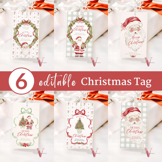 Editable 6 designs Grandmillenial Merry Christmas Tags | Red Green Christmas Bow Floral Tag | Watercolor Whimsical Santa Holiday Tag GMC12