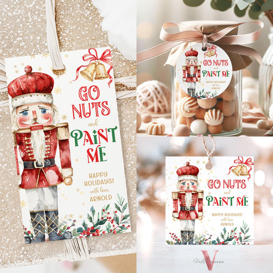 Editable Printable GO NUTS and Paint Me Tags | Cute Nutcracker Christmas Round Label, Tag | Watercolor Nutcracker Holiday Gift Tag