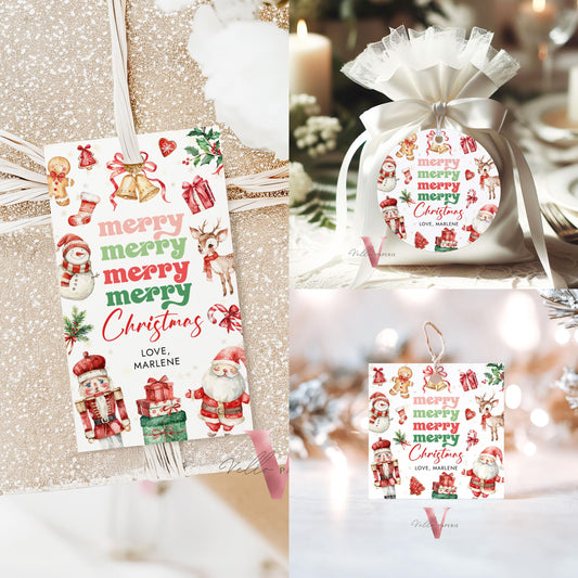 Editable Cute Merry Merry Merry Christmas Tags | Colorful Santa Christmas Round Label, Square Tag | Watercolor Kid Christmas Holiday Tag