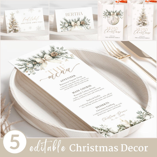 Editable Modern Floral Christmas Decor Set | Menu, Place Tent Card, Food Label, Tag | Holiday Party Table Decor Set | Boho Christmas  BCPF2