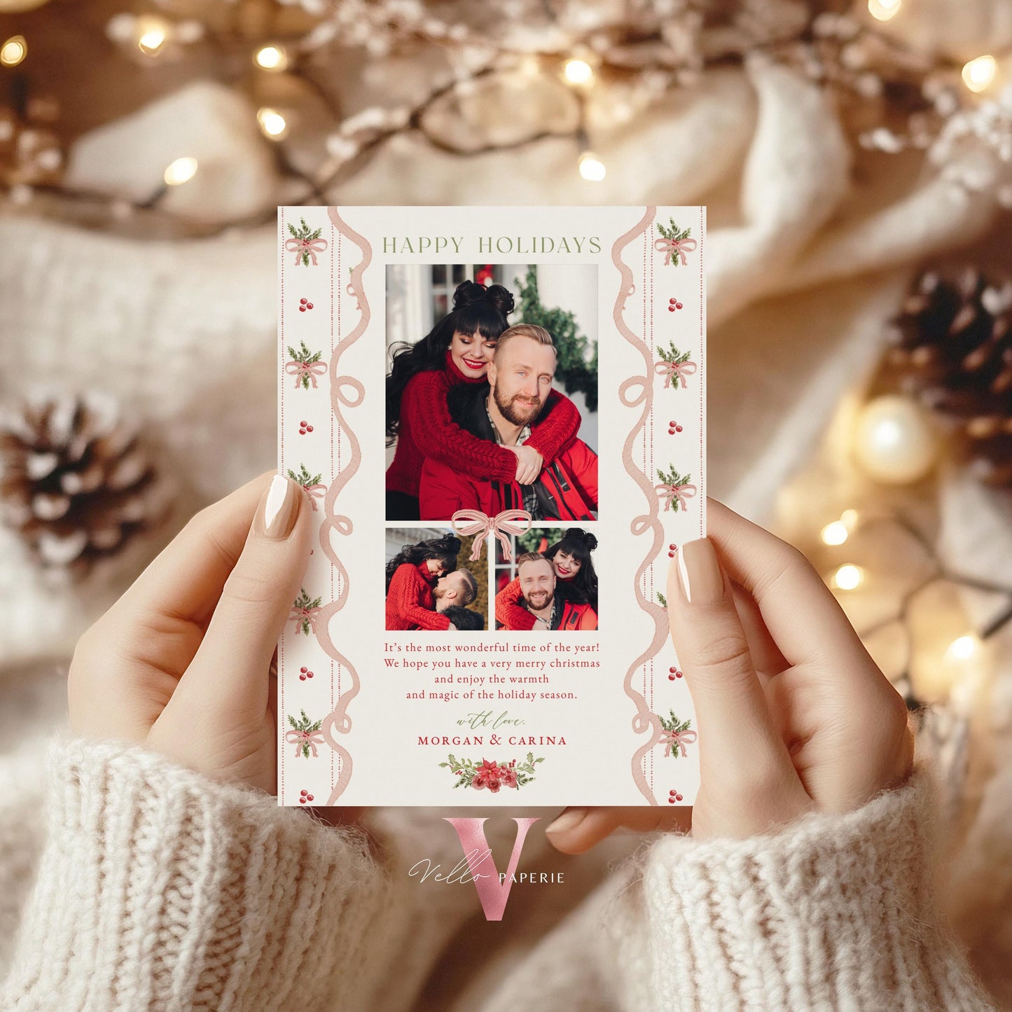 Printable 3 designs Photo Christmas Card Template | Grandmillenial Photo Holiday Card | Cute Classic Christmas Bow Winter Photo GMC12