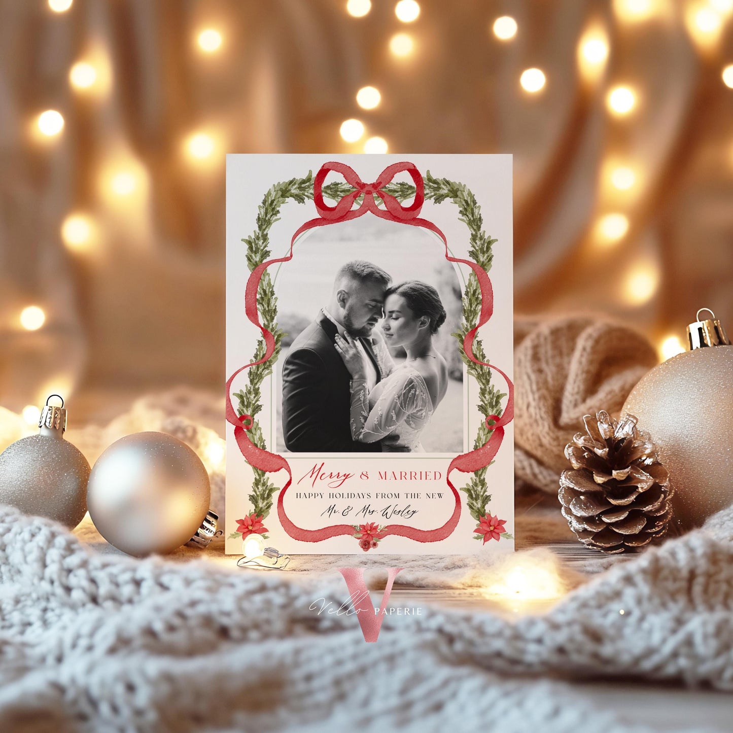 Merry and Married Christmas Photo Card | Newlywed Holiday Card | Red Bow Minimalist Christmas Photo Card | Merry and Bright Couple  MMC12