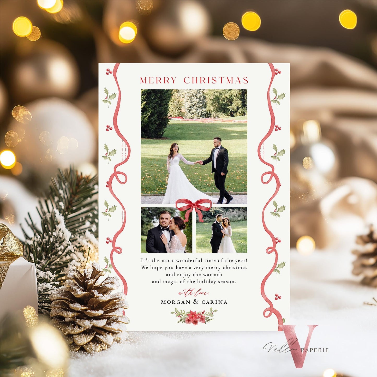 Merry and Married Christmas Photo Card | Newlywed Holiday Card | Red Bow Minimalist Christmas Photo Card | Merry and Bright Couple  MMC12